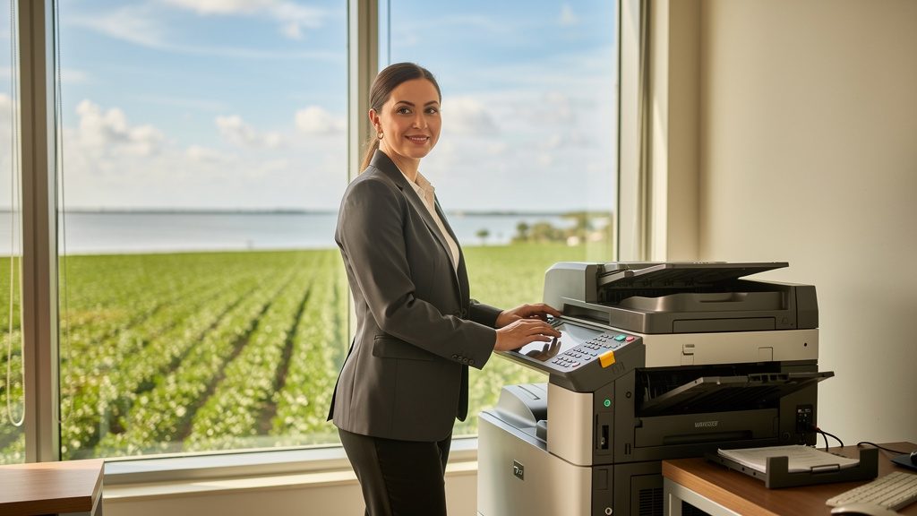 Professional beside an office copier in a South Bay business office in South Florida