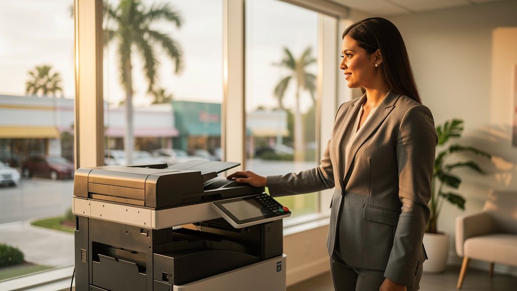 Professional beside an office copier in a South Miami Heights business office in South Florida