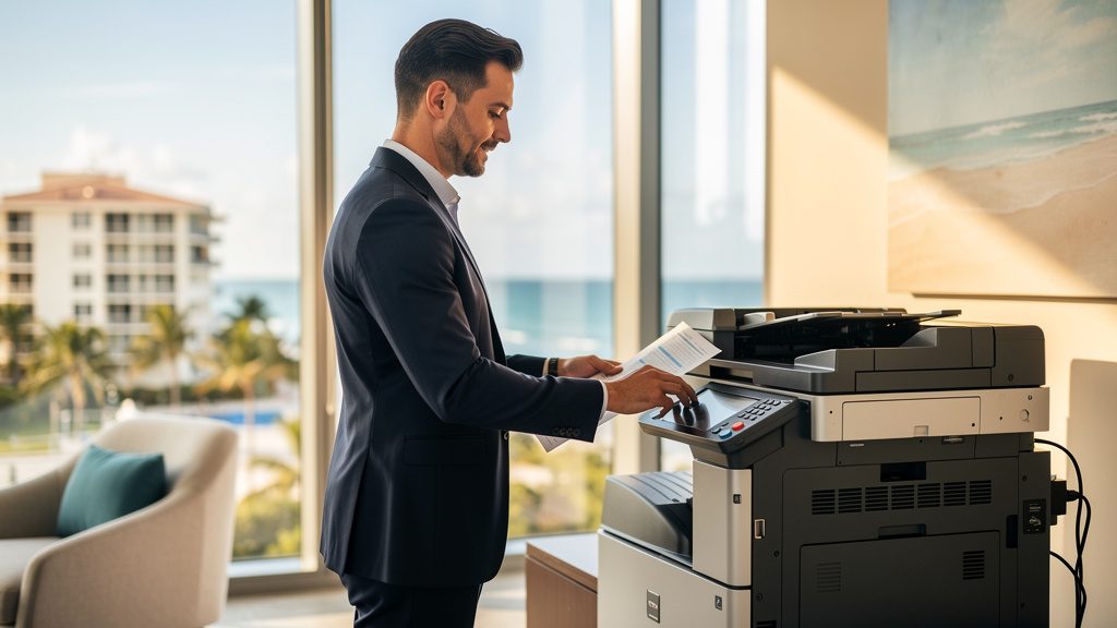 Professional beside an office copier in a South Palm Beach business office in South Florida