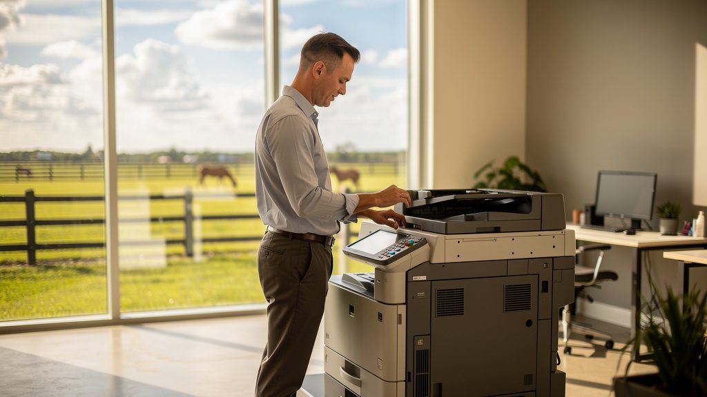 Professional beside an office copier in a Southwest Ranches business office in South Florida