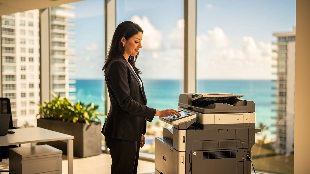 Professional beside an office copier in a Sunny Isles Beach business office in South Florida