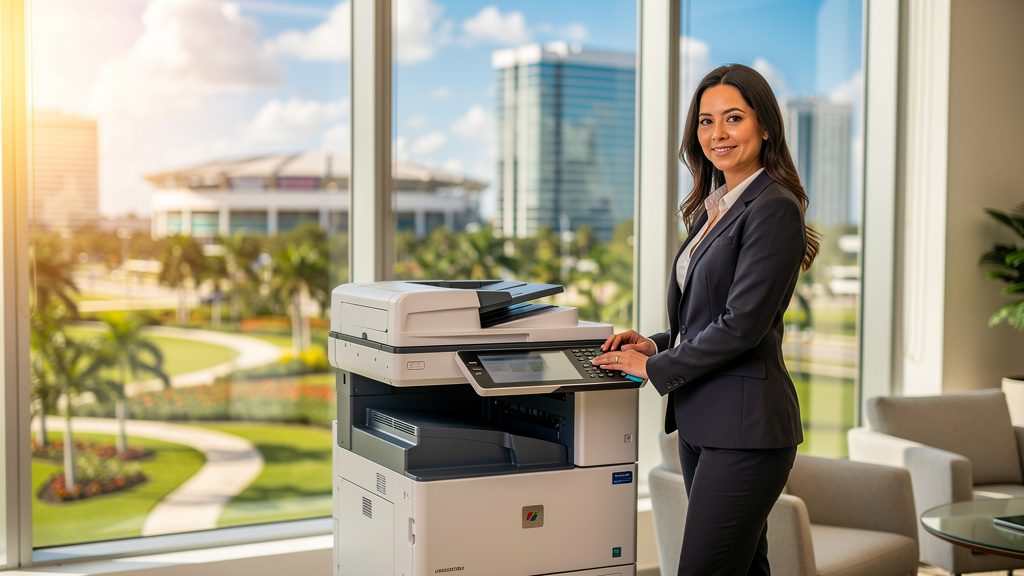 Professional beside an office copier in a Sunrise business office in South Florida