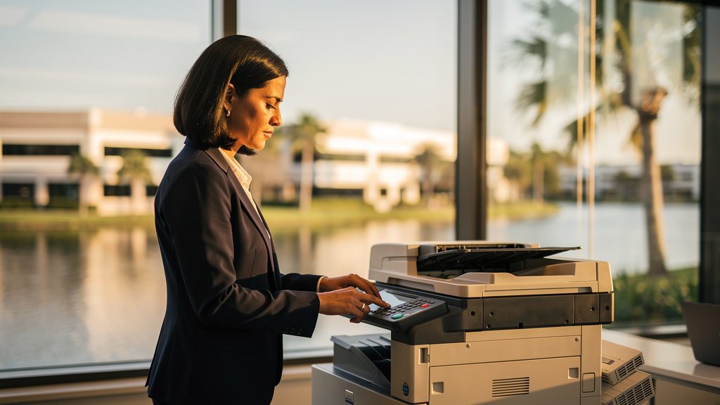 Professional beside an office copier in a Tamarac business office in South Florida