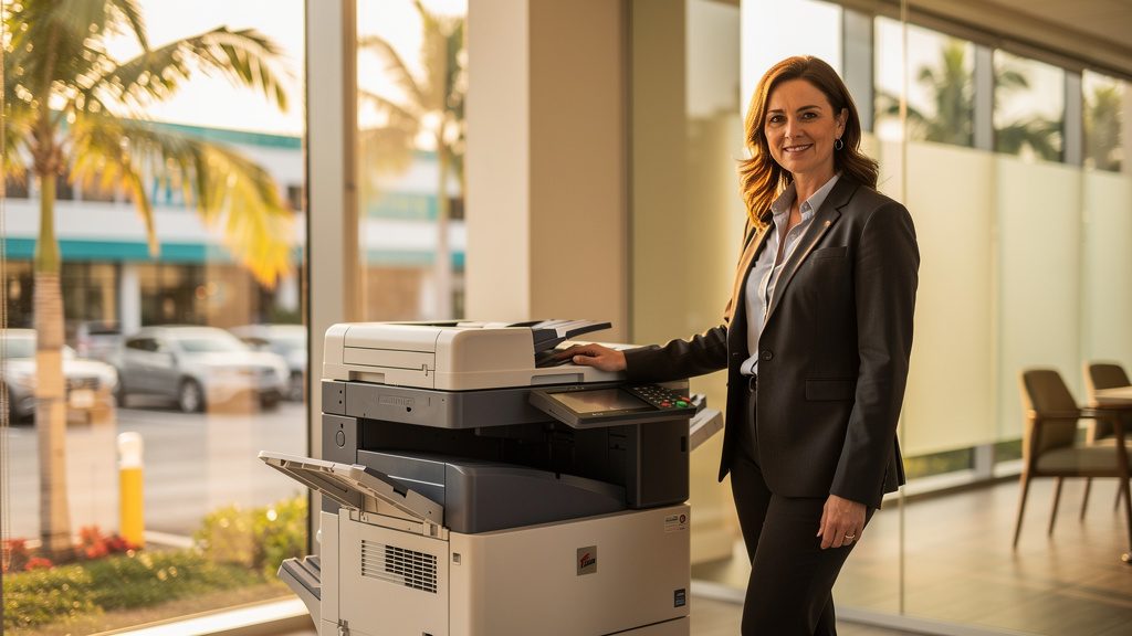 Professional beside an office copier in a Tamiami business office in South Florida