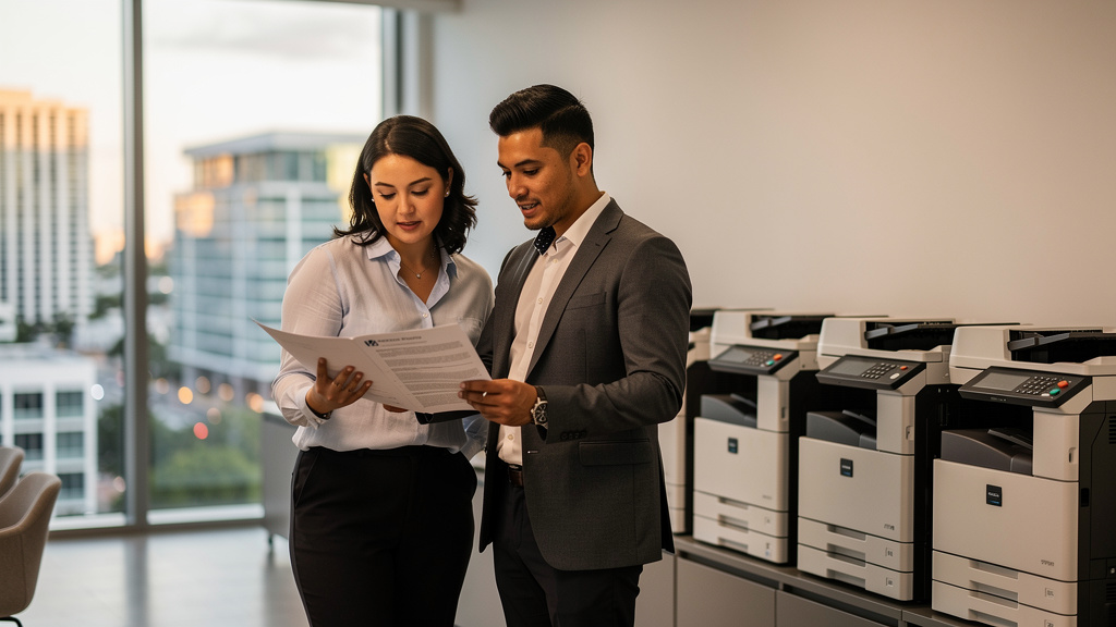 Copier specialists reviewing a side-by-side brand proposal in a Miami showroom
