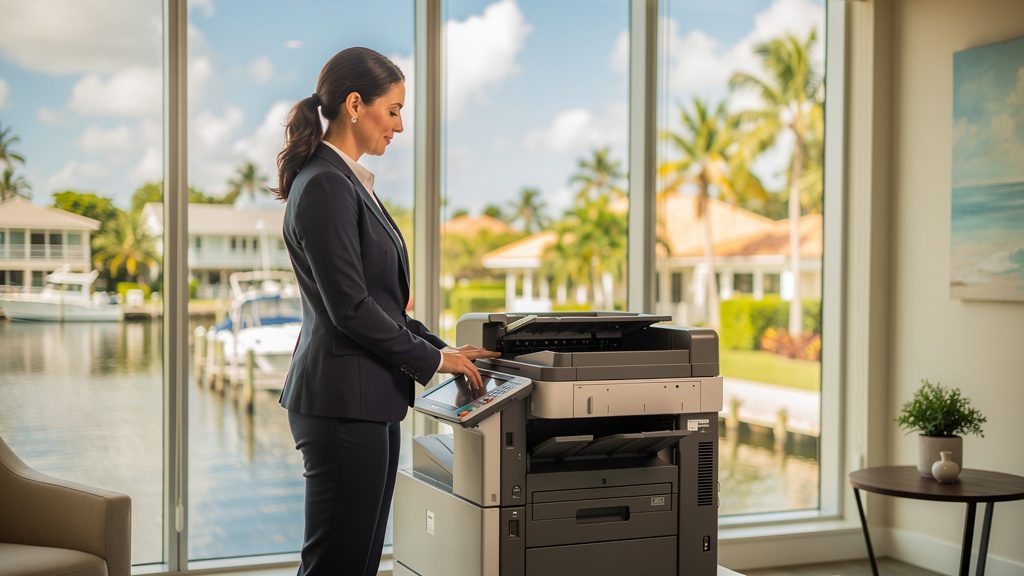 Professional beside an office copier in a Tequesta business office in South Florida