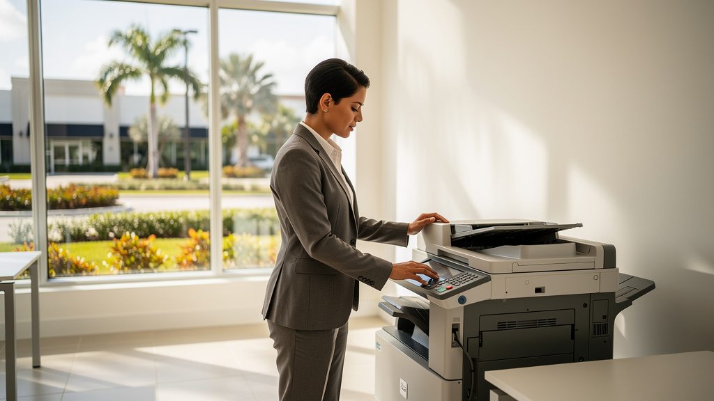 Professional beside an office copier in a The Crossings business office in South Florida