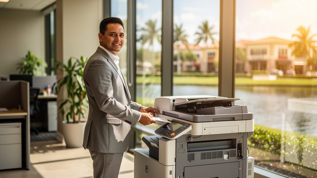 Professional beside an office copier in a The Hammocks business office in South Florida
