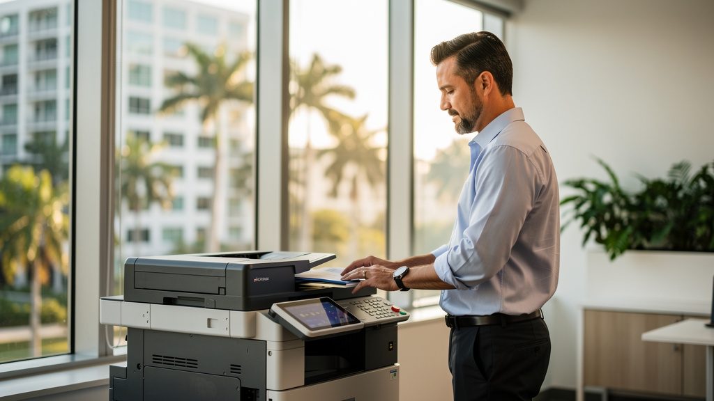 Professional beside an office copier in a University Park business office in South Florida
