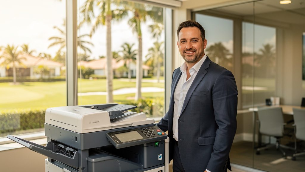Professional beside an office copier in a West Boca Raton business office in South Florida