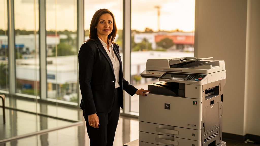 Professional beside an office copier in a West Little River business office in South Florida