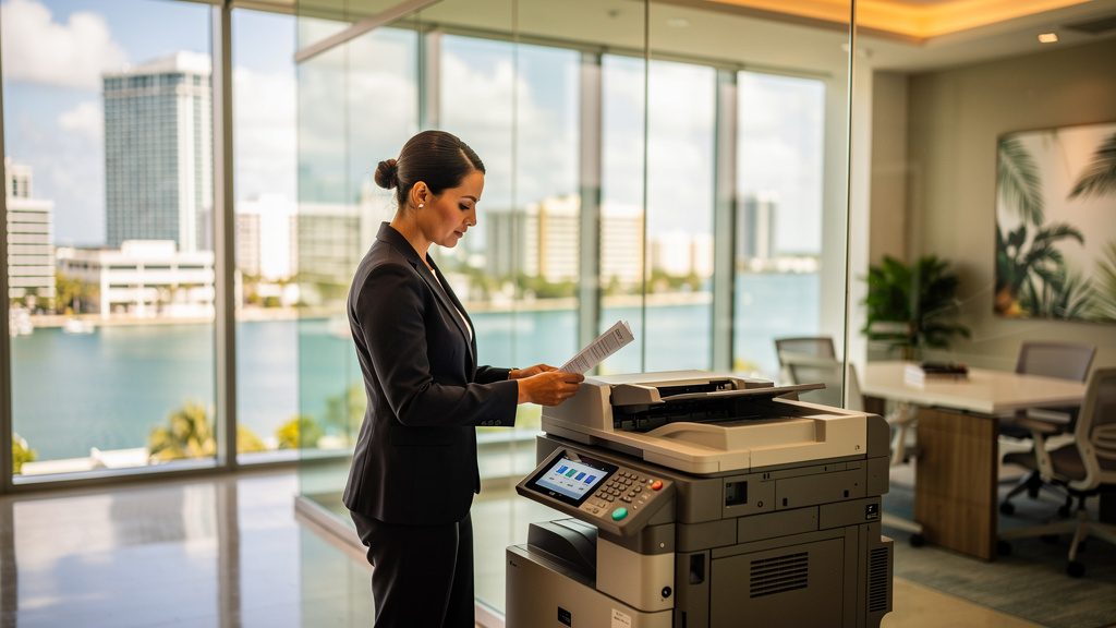 Professional beside an office copier in a West Palm Beach business office in South Florida