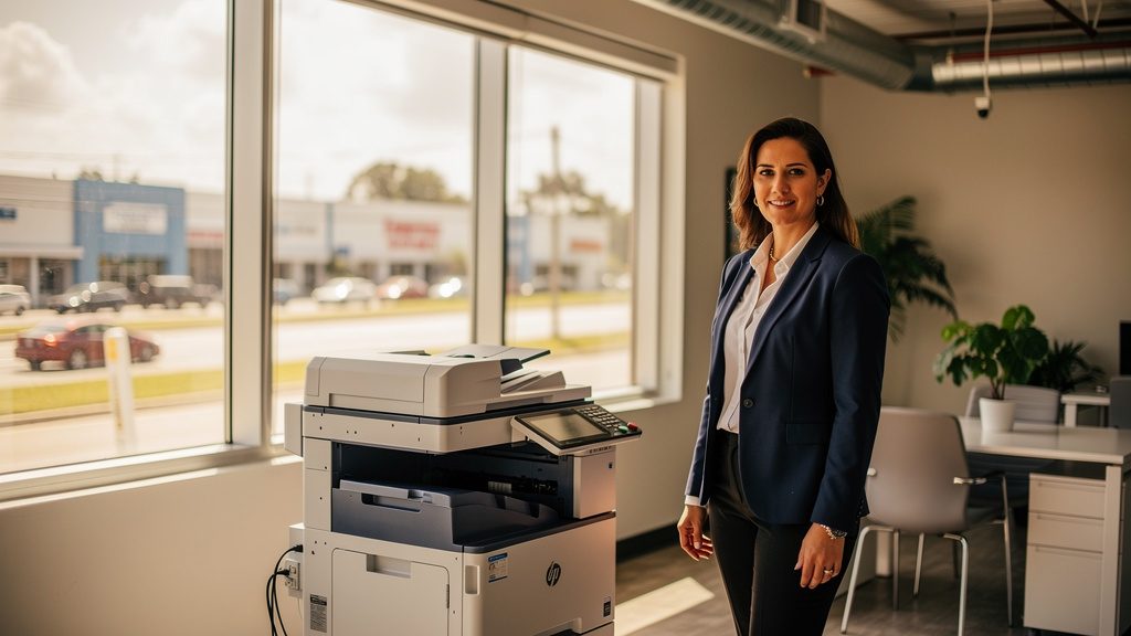 Professional beside an office copier in a West Park business office in South Florida