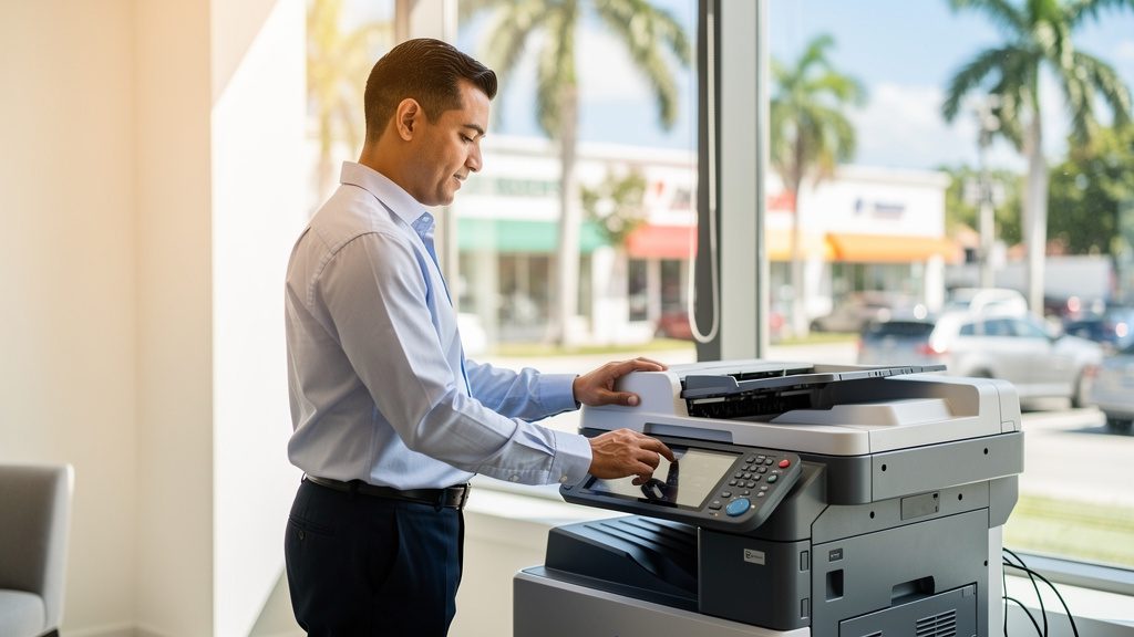Professional beside an office copier in a Westchester business office in South Florida