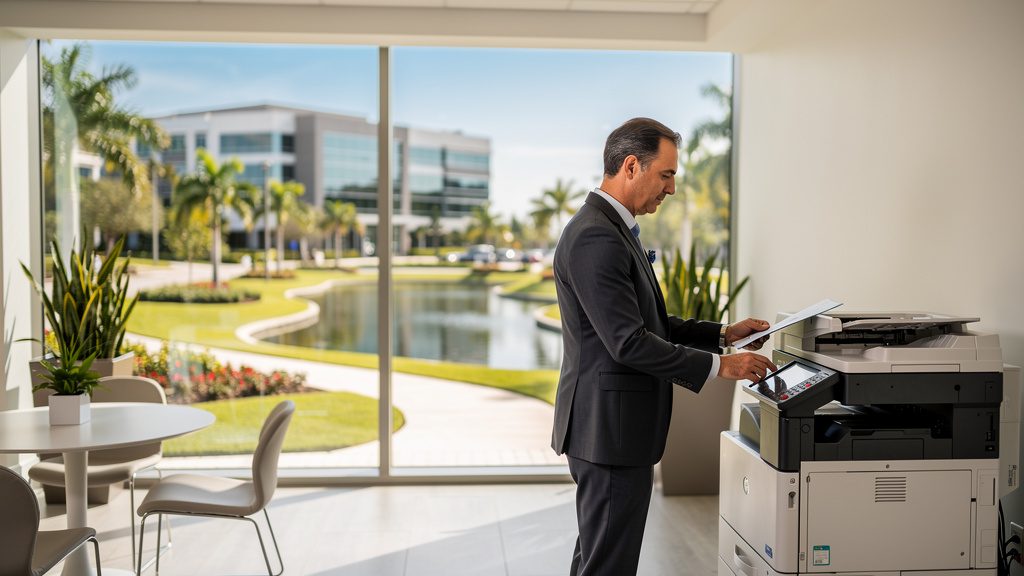 Professional beside an office copier in a Westlake business office in South Florida