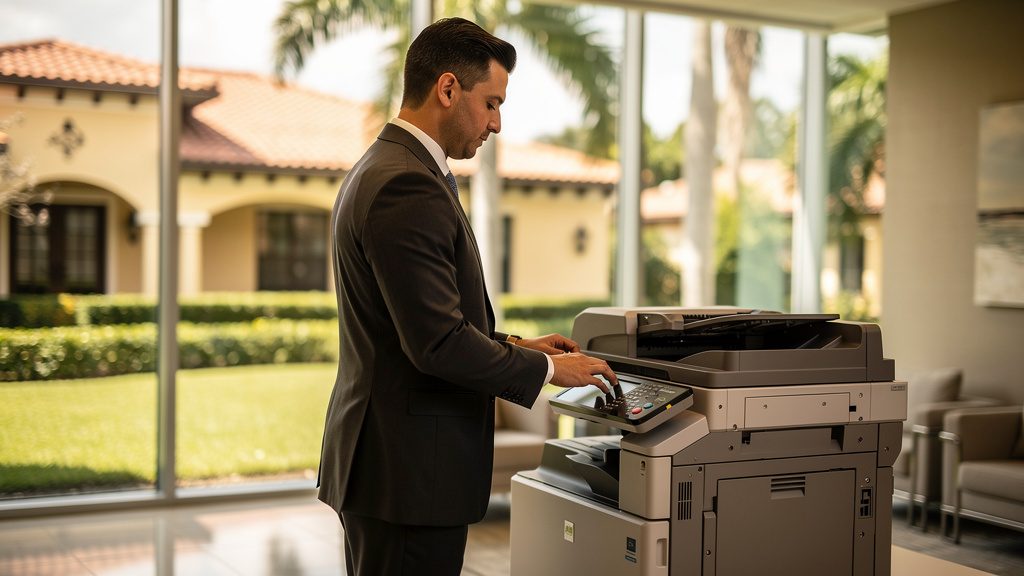 Professional beside an office copier in a Weston business office in South Florida