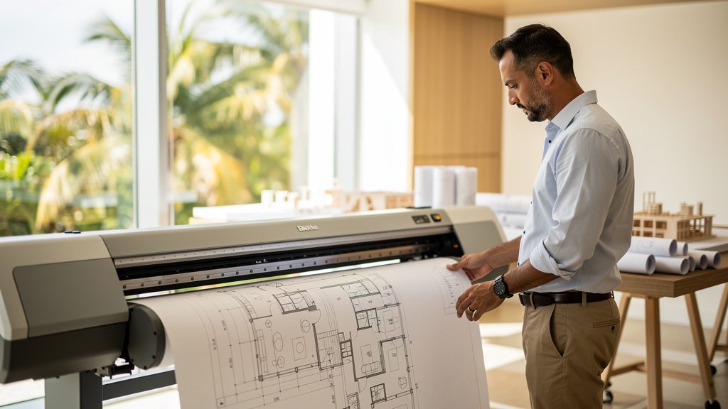 Architect printing large-format blueprints on a wide-format plotter in South Florida